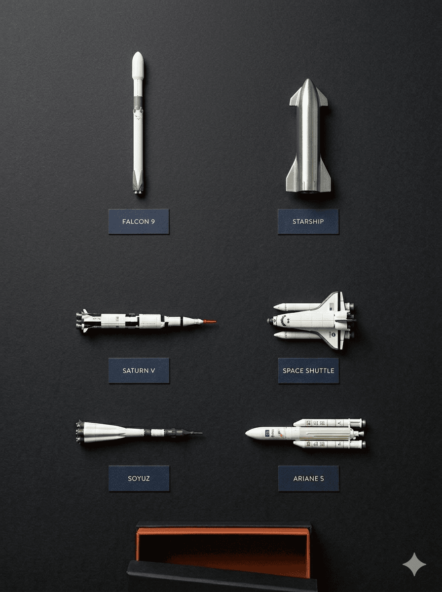 Six Rocket Pocket scale model rockets in a flat-lay
