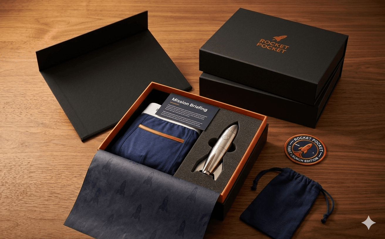 Rocket Pocket presentation box open, showing folded boxer briefs, rocket in foam insert, Mission Briefing card, embroidered patch and drawstring bag